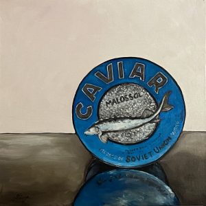 Caviar Tin-Oil on Linen Panel – 12×12 inches