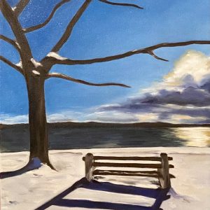 Snowy Park Bench Oil on Canvas - 14x18 inches