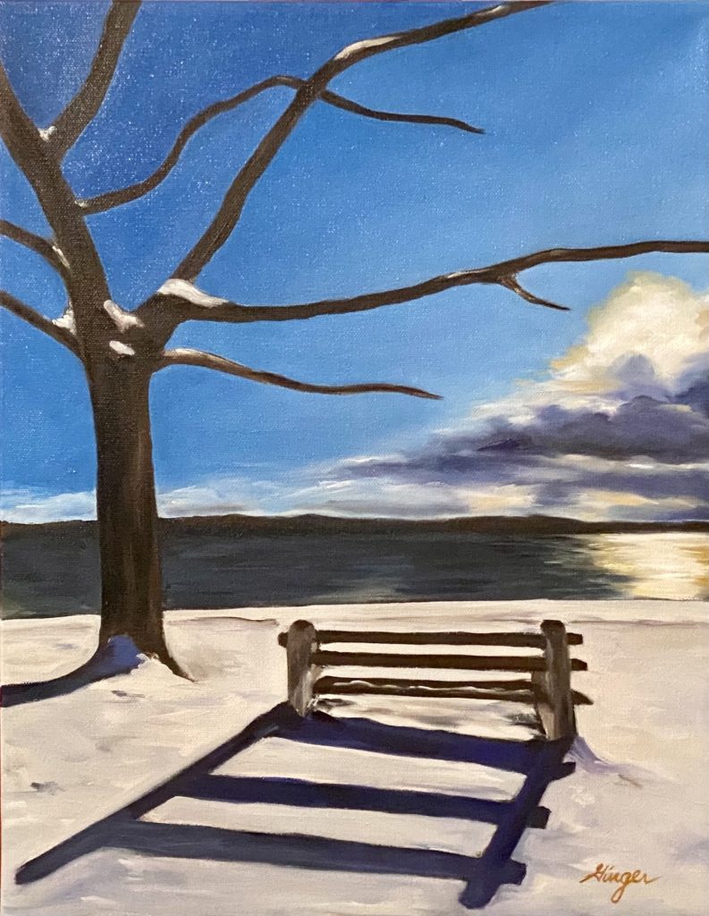 Snowy Park Bench Oil on Canvas - 14x18 inches